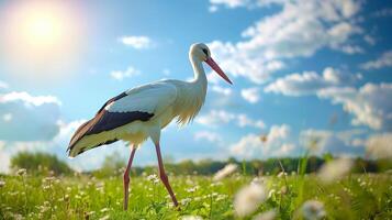a beautiful stork walks along a green field on a bright day photo