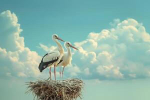 A pair of beautiful storks stands in a nest against a cloudy blue sky photo