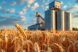 Modern elevator for storing grain against the background of a golden wheat field photo
