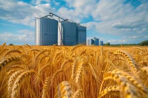 Modern elevator for storing grain against the background of a golden wheat field photo