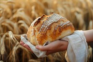 fresh rustic bread in hands against a background of a wheat field photo