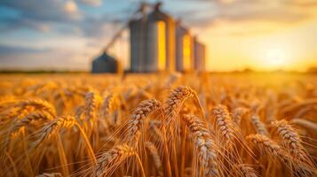 Modern elevator for storing grain against the background of a golden wheat field photo