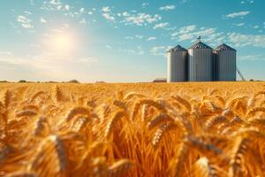 Modern elevator for storing grain against the background of a golden wheat field photo