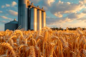 Modern elevator for storing grain against the background of a golden wheat field photo