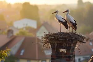 A pair of storks stands in a nest on the chimney of a village house at sunset photo