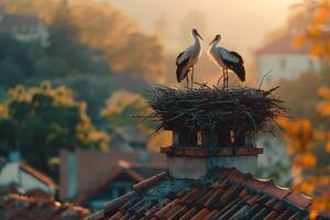 A pair of storks stands in a nest on the chimney of a village house at sunset photo