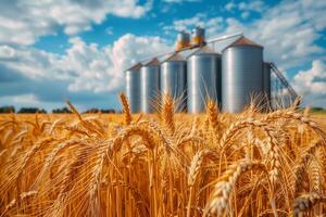 Modern elevator for storing grain against the background of a golden wheat field photo