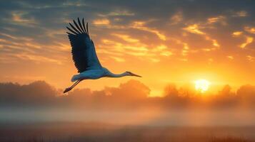 a beautiful stork soars over a field with fog spreading over it at dawn photo