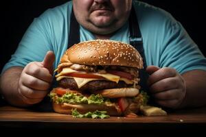 a man with an apron and a big hamburger photo