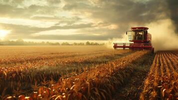 Harvester collects ripe corn in a ripe corn field photo