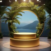 Luxurious gold podium with foliage for product exhibition is perfect for displaying your various products in style. photo