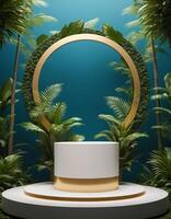 Luxurious gold podium with foliage for product exhibition is perfect for displaying your various products in style. photo