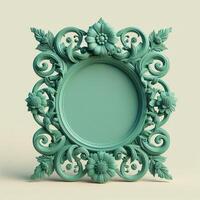 Green photo frame with intricate floral ornament.