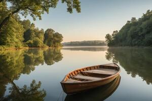Wooden Boat on Calm Lake with Green Forest Background. photo
