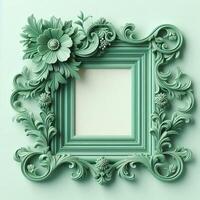 Green photo frame with intricate floral ornament.