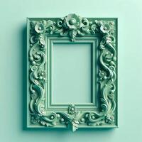 Green photo frame with intricate floral ornament.