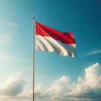 The red and white flag flies against a blue sky. Indonesian flag. Indonesian Independence day. Nationalism photo