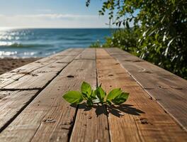 The wooden table has leaves on it and the ocean in the background. Can be used for your background photo