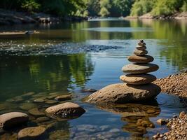 Showing the art of rock balancing on the river bank. In the background, a calm flowing river reflects the colors of the natural stones carefully stacked on its banks. photo
