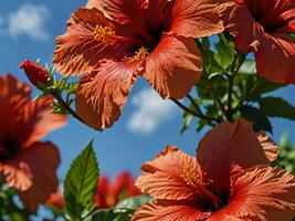 Close up of red hibiscus flowers blooming in spring against a bright blue sky background photo