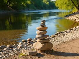 Showing the art of rock balancing on the river bank. In the background, a calm flowing river reflects the colors of the natural stones carefully stacked on its banks. photo