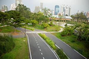 The road street cuts through the forest wood park with tree leaf shadow from sun rays in summer sunrise background and city photo