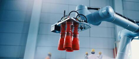 Robot arm Automation technology. Tools for saving energy effort and making the work of engineers more convenient in modern factories. Automation factory tech concept with robotic arms lifting goods. photo