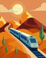 aThe train ss through the desert powered solely by the suns rays captured by its numerous solar panels.. illustration. vector