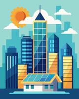 A cityscape with skyscrapers one standing out with its rooftop covered in massive solar panels housing a tingedge data center inside.. illustration. vector