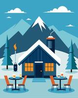 A cozy ski lodge with outdoor tables featuring integrated solar chargers allowing skiers to charge their phones and cameras while taking a break from the slopes.. illustration. vector