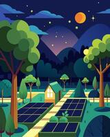 A community garden glows at night thanks to the solarpowered lights strewn through the rustling leaves of the trees creating a tranquil retreat.. illustration. vector