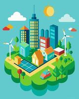 An urban planning project that prioritizes sustainable development with green roofs solar canopies and wind turbines incorporated into the citys design creating a truly ecofriendly vector