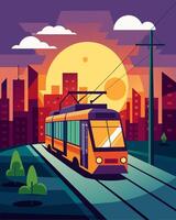 As the sun sets and the city lights come on the solarpowered tram continues to run silently and sustainably minimizing noise pollution during the evening rush hour.. illustration. vector
