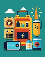 A comprehensive emergency kit for natural disasters including a solarpowered generator for powering essential appliances and tools in case of a power outage.. illustration. vector