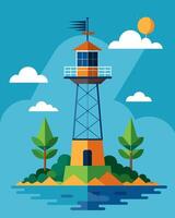 Standing on a secluded island a solarpowered tower provides vital communication for fishermen and locals allowing them to stay connected with the mainland.. illustration. vector