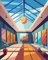 A charming indoor art space filled with natural light streaming in through solarpowered skylights illuminating the delicate glass art displayed on the walls.. illustration. vector