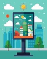 An interactive billboard in the center of a city displaying weather updates and news headlines all thanks to solar power.. illustration. vector
