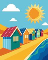 At the heart of the beach a of colorful solarpowered cabins dot the shoreline their solar panels reflecting the golden sun rays and providing a vibrant beach atmosphere.. vector