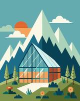 At the base of a mountain range a solarpowered greenhouse utilizes natural sunlight to create a warm and inviting haven for delicate plants.. illustration. vector