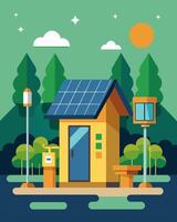 In a small towns community park a solarpowered public restroom that blends seamlessly with its natural surroundings featuring motion sensor lights and a solarpowered handwashing. vector