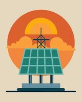 As the sun sets behind the rig its panels continue to collect the last rays of sunlight allowing the rig to operate more efficiently even during nondaylight hours.. illustration. vector