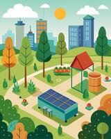 An urban farm in the park kept alive by solarpowered irrigation systems and composting machines.. illustration. vector