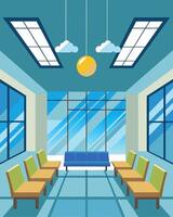 The bright and airy waiting area providing customers with plenty of natural light again thanks to the solar panels above.. illustration. vector