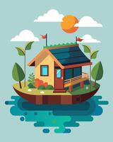 A charming rustic houseboat adorned with hanging gardens and powered by a large array of solar panels drifting peacefully on a breezy meandering river.. illustration. vector