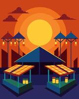 As the sun sets the market doesnt lose its lively atmosphere thanks to the efficient solarpowered spotlights that continue to shine on each stall.. illustration. vector