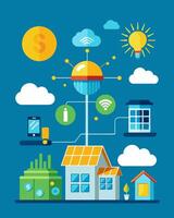 An infographic explaining the benefits of a solarpowered smart grid including increased reliability and reduced energy costs.. illustration. vector