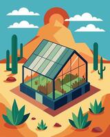 Deep within the desert a specialized solarpowered greenhouse thrives creating its own oasis of greenery in the otherwise barren landscape.. illustration. vector