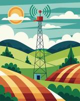 Surrounded by sprawling farmlands a solarpowered communication tower provides reliable connection for farmers enabling them to manage and monitor their crops through technology.. vector