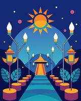 Solarpowered lights with intricate designs line the pathways of a cultural festival bringing a vibrant and ecofriendly atmosphere.. illustration. vector