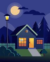 As the sun sets solarpowered lights illuminate the perimeter of a home enhancing its security and deterring potential burglars.. illustration. vector